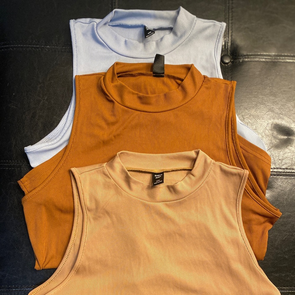 Sleeveless Ribbed Mock Neck Bodysuits- Tan , Light Blue and Orange